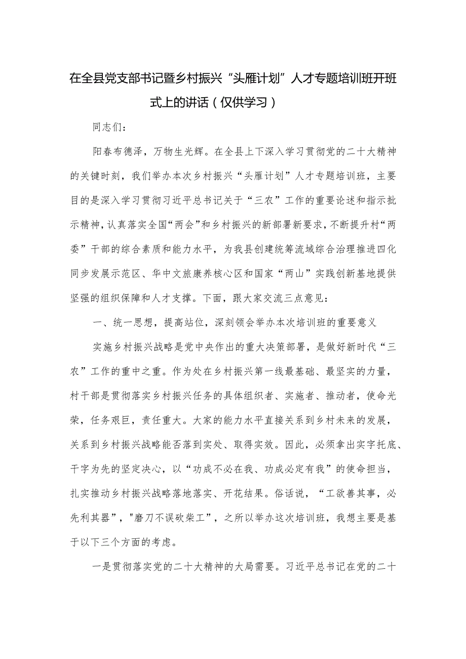 在全县党支部书记暨乡村振兴“头雁计划”人才专题培训班开班式上的讲话.docx_第1页