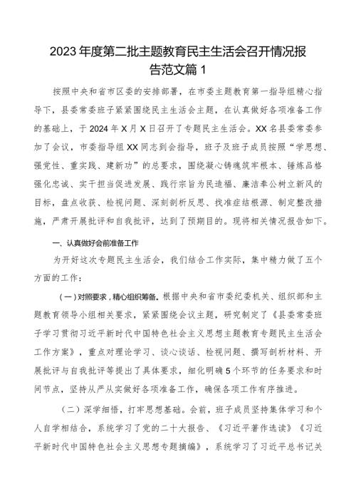 2023第二批主题教育民主生活会召开情况报告范文2篇.docx