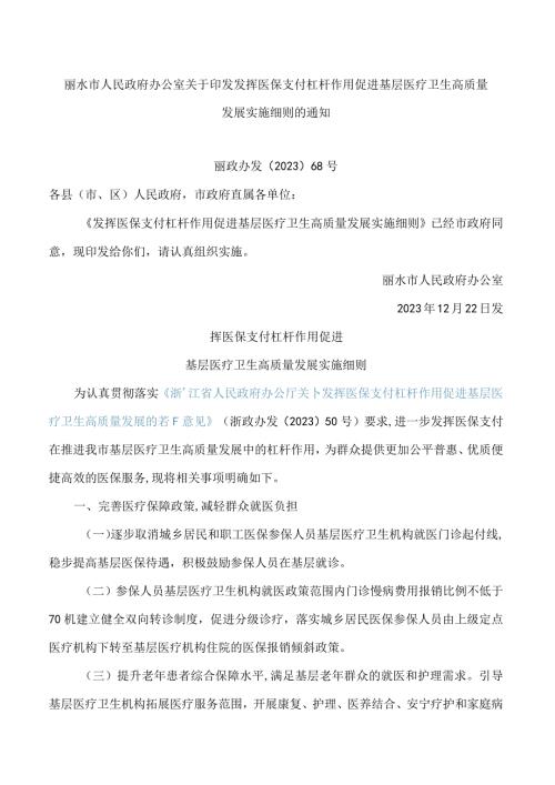 丽水市人民政府办公室关于印发发挥医保支付杠杆作用促进基层医疗卫生高质量发展实施细则的通知.docx