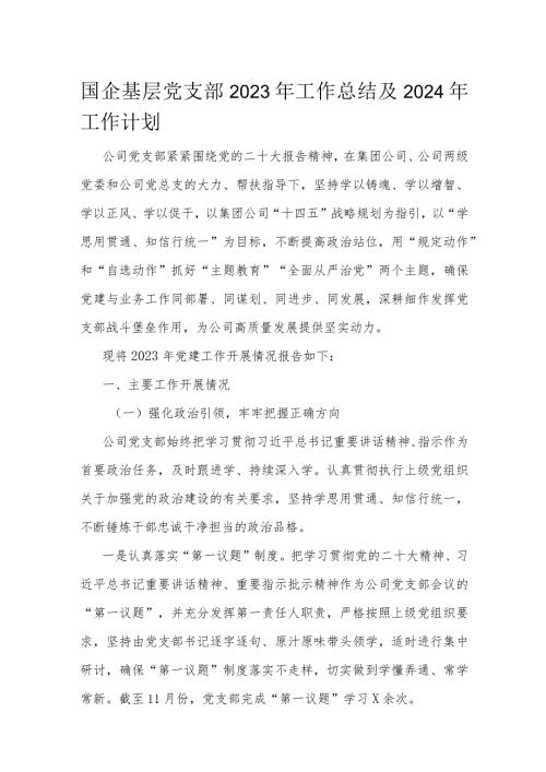 国企基层党支部2023年工作总结及2024年工作计划(1).docx