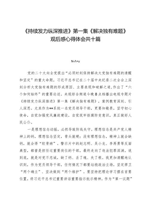 《持续发力纵深推进》第一集《解决独有难题》观后感心得体会共十篇.docx