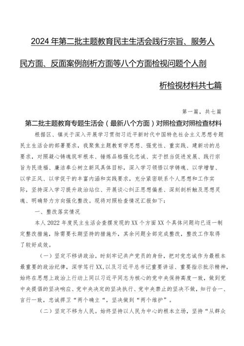 2024年第二批学习教育民主生活会践行宗旨、服务人民方面、反面案例剖析方面等八个方面检视问题个人剖析检视材料共七篇.docx