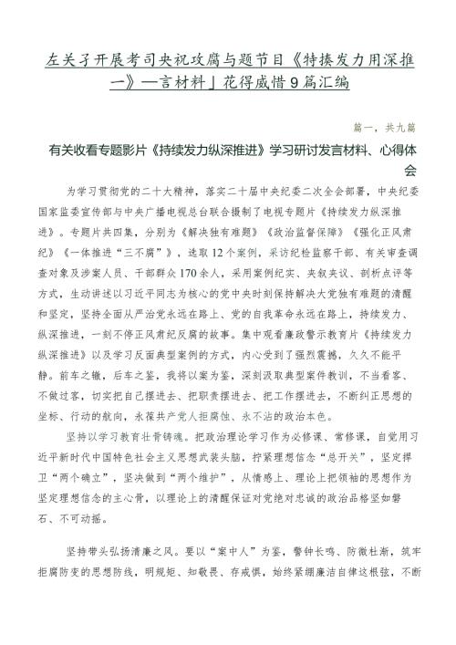 在关于开展学习央视反腐专题节目《持续发力纵深推进》发言材料及心得感悟9篇汇编.docx