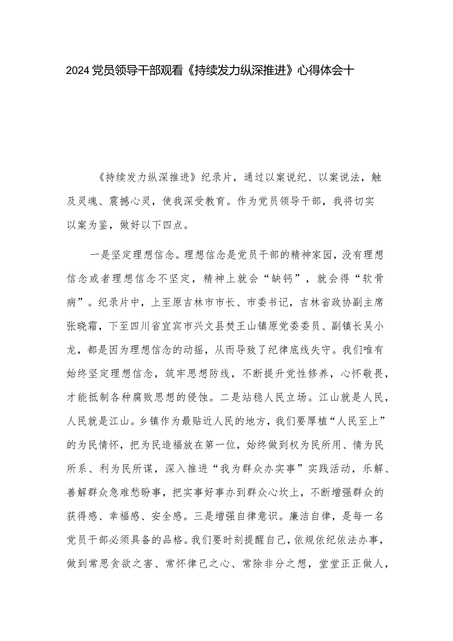 2024党员领导干部观看《持续发力 纵深推进》心得体会十篇.docx_第1页