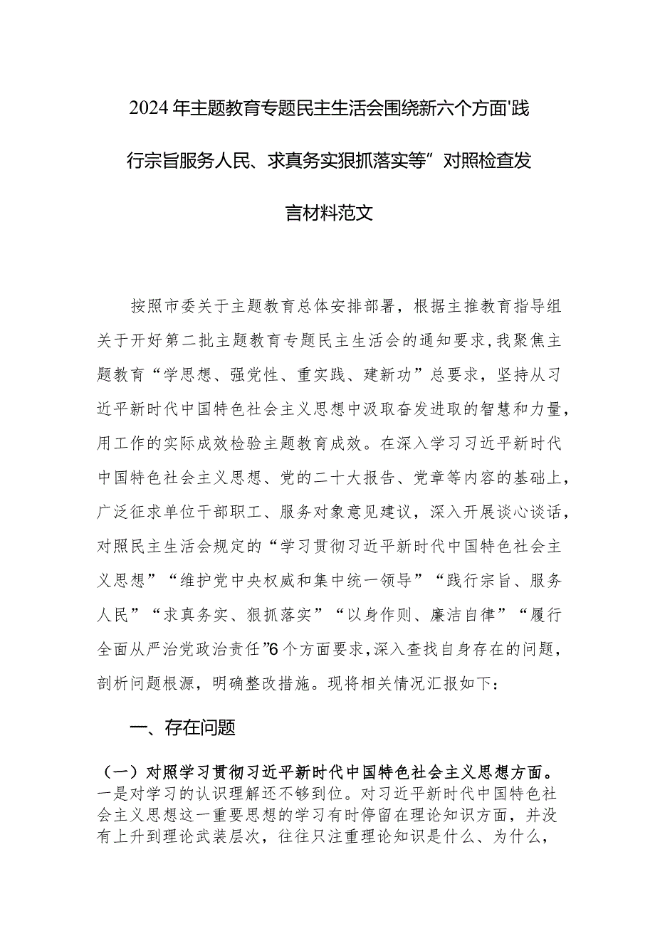 2024年主题教育专题民主生活会围绕新六个方面“践行宗旨服务人民、求真务实狠抓落实等”对照检查发言材料范文.docx_第1页