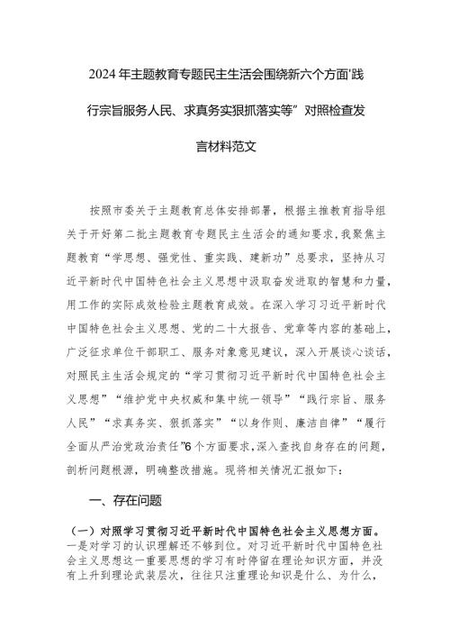 2024年主题教育专题民主生活会围绕新六个方面“践行宗旨服务人民、求真务实狠抓落实等”对照检查发言材料范文.docx