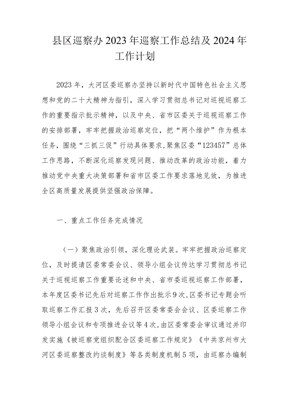 县区巡察办2023年巡察工作总结及2024年工作计划(1).docx_第1页