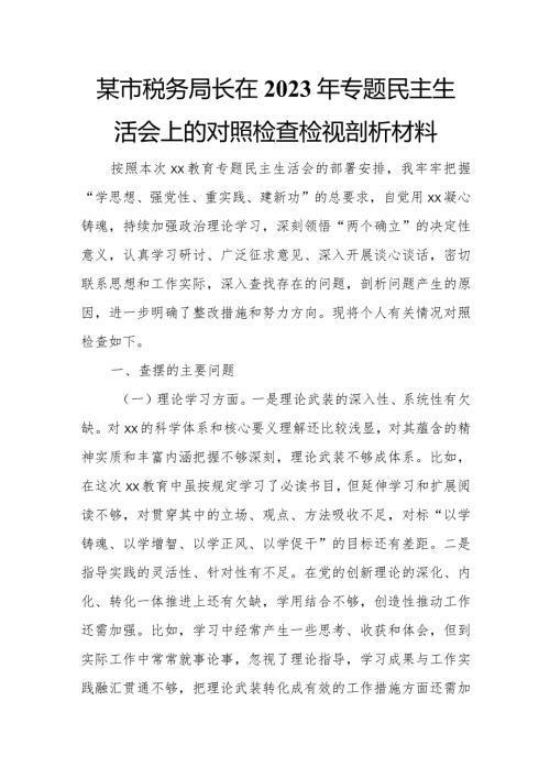 某市税务局长在2023年专题民主生活会上的对照检查检视剖析材料.docx