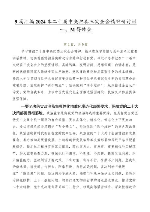 9篇汇编2024年二十中央纪委三次全会精神研讨材料、心得体会.docx