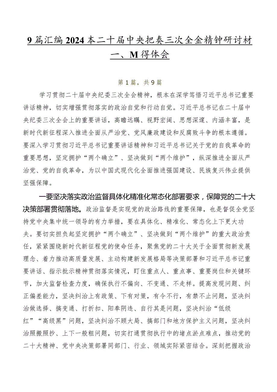 9篇汇编2024年二十中央纪委三次全会精神研讨材料、心得体会.docx_第1页