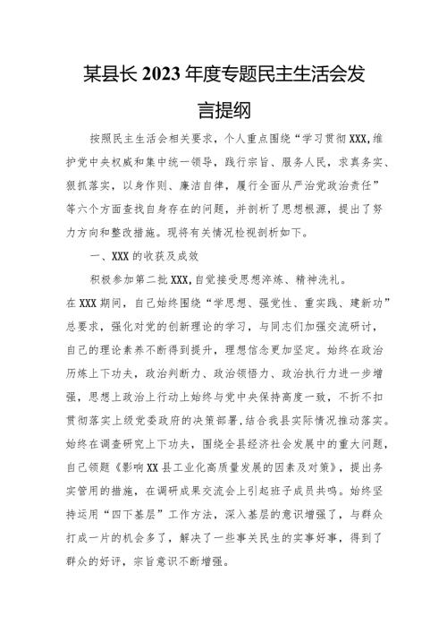 某县长2023专题民主生活会发言提纲.docx