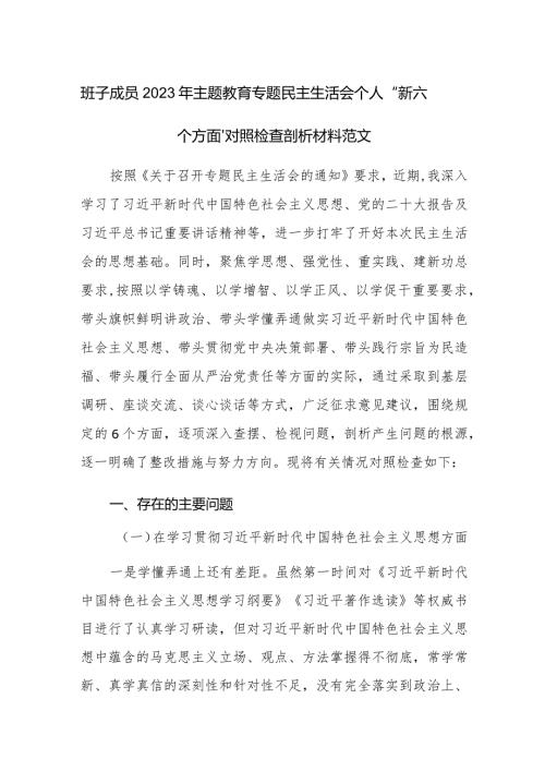 班子成员2023年主题教育专题民主生活会个人“新六个方面”对照检查剖析材料范文.docx
