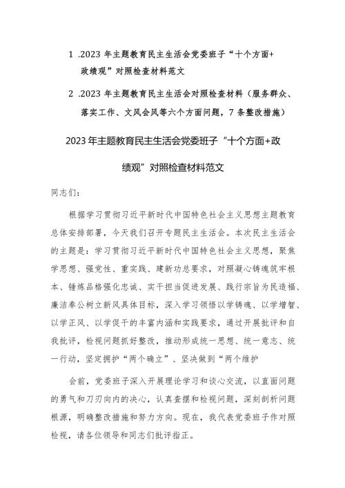 2023年主题教育民主生活会党委班子“十个方面+政绩观”对照检查材料范文2篇.docx