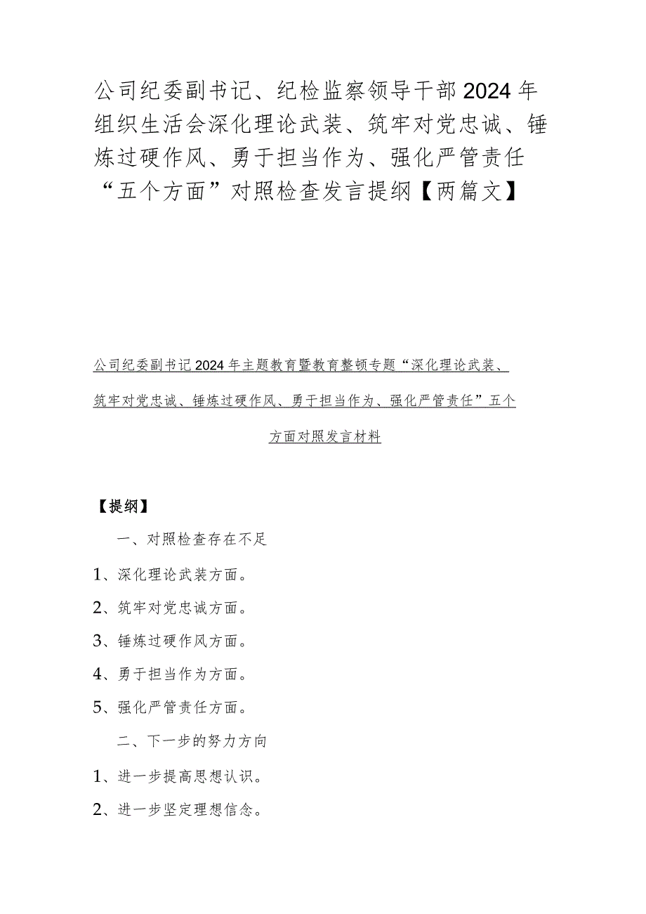 公司纪委副书记、纪检监察领导干部2024年组织生活会深化理论武装、筑牢对党忠诚、锤炼过硬作风、勇于担当作为、强化严管责任“五个方面”.docx_第1页