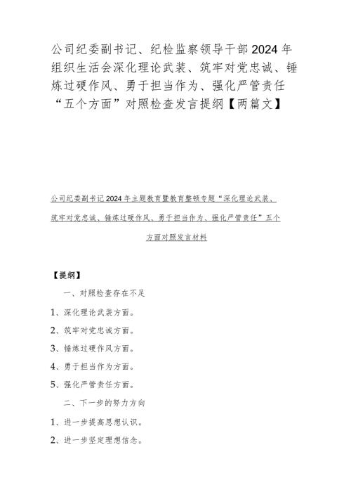 公司纪委副书记、纪检监察领导干部2024年组织生活会深化理论武装、筑牢对党忠诚、锤炼过硬作风、勇于担当作为、强化严管责任“五个方面”.docx