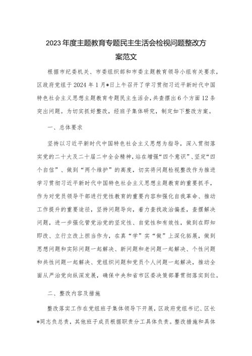 2023主题教育专题民主生活会检视问题整改方案范文.docx
