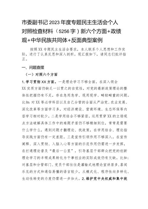 市委副书记2023专题民主生活会个人对照检查材料（践行宗旨等6个方面+政绩观+共同体意识+反面典型案例）.docx