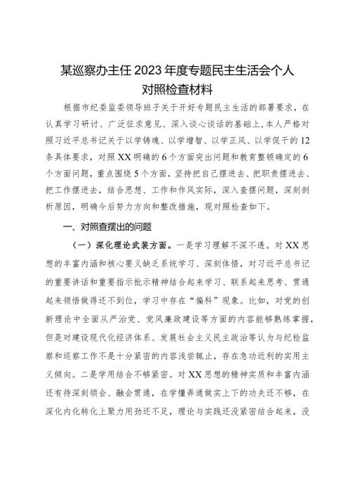 某巡察办主任2023专题民主生活会个人对照检查材料.docx