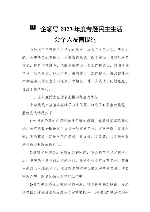 某国企领导2023专题民主生活会个人发言提纲.docx