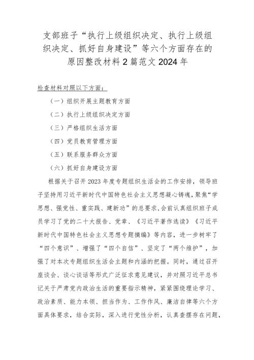 支部班子“执行上级组织决定、执行上级组织决定、抓好自身建设”等六个方面存在的原因整改材料2篇范文2024年.docx