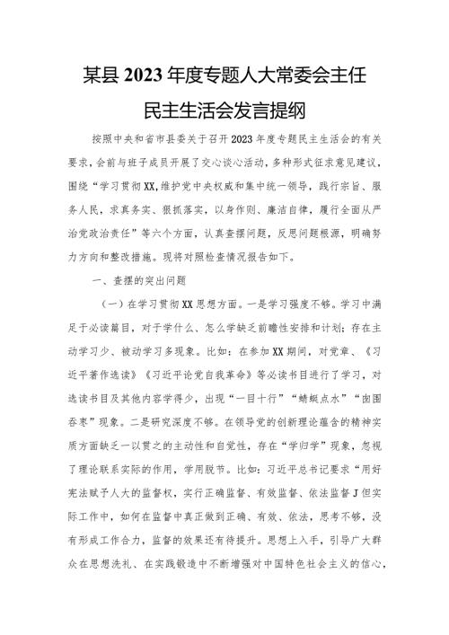 某县2023专题人大常委会主任民主生活会发言提纲.docx