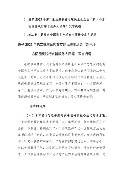 班子2023年第二批主题教育专题民主生活会“新六个方面围绕践行宗旨服务人民等”发言提纲范文.docx