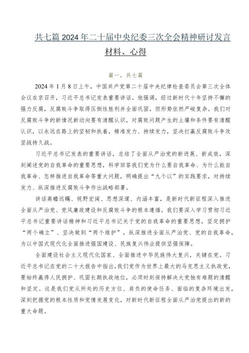 共七篇2024年二十中央纪委三次全会精神研讨发言材料、心得.docx