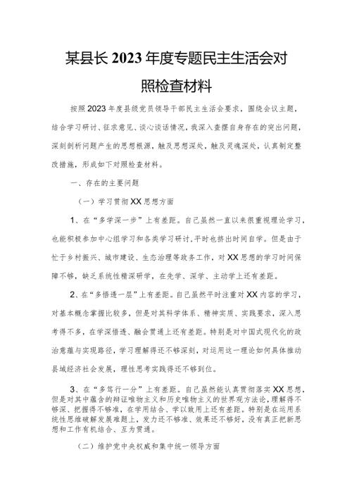 某县长2023专题民主生活会对照检查材料 1.docx