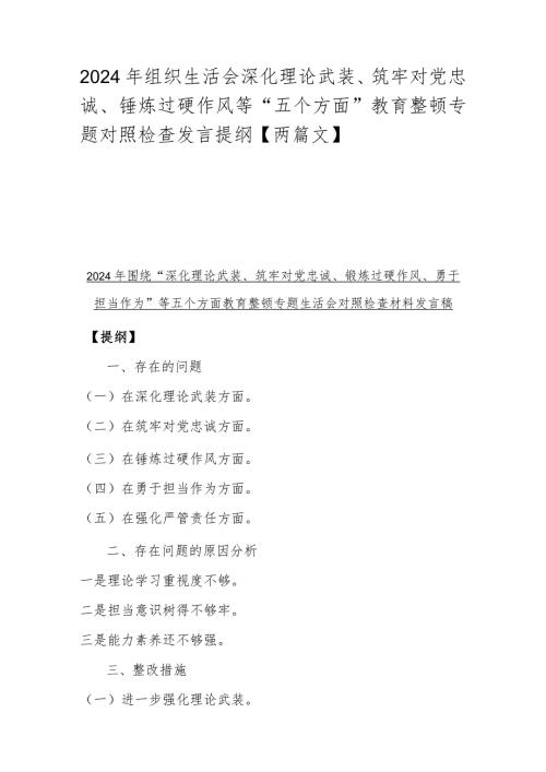 2024年组织生活会深化理论武装、筑牢对党忠诚、锤炼过硬作风等“五个方面”教育整顿专题对照检查发言提纲【两篇文】.docx