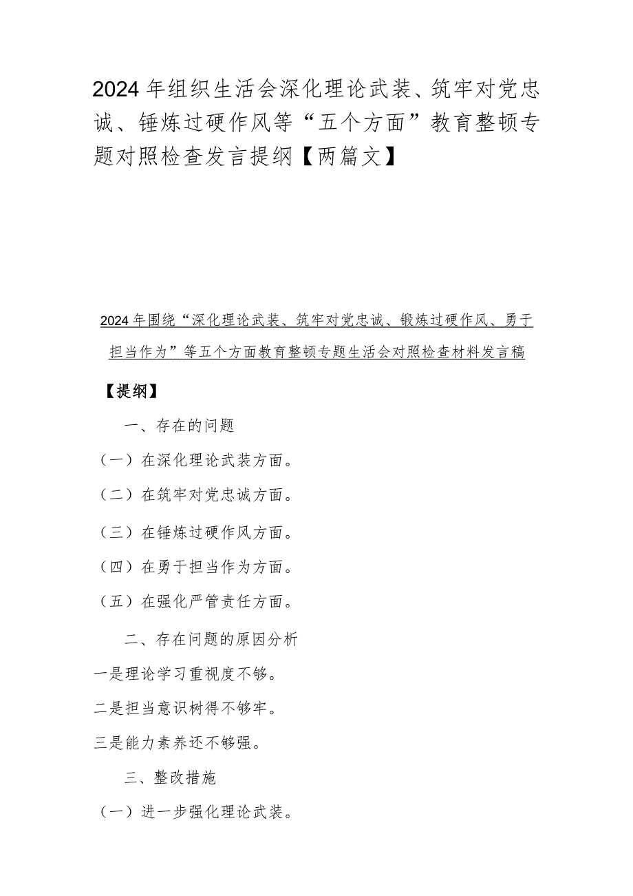 2024年组织生活会深化理论武装、筑牢对党忠诚、锤炼过硬作风等“五个方面”教育整顿专题对照检查发言提纲【两篇文】.docx_第1页