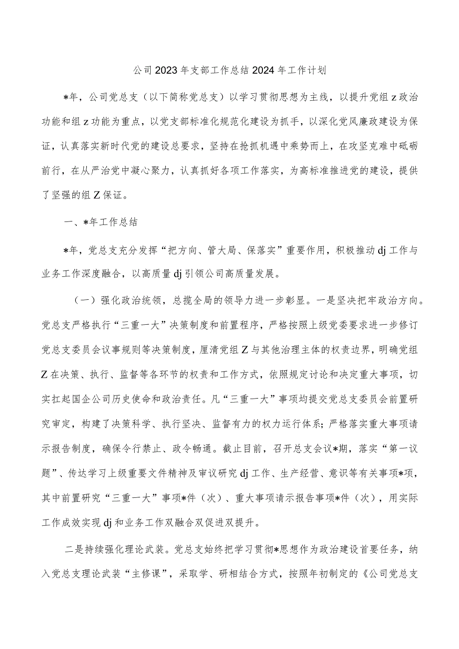 公司2023年支部工作总结2024年工作计划.docx_第1页