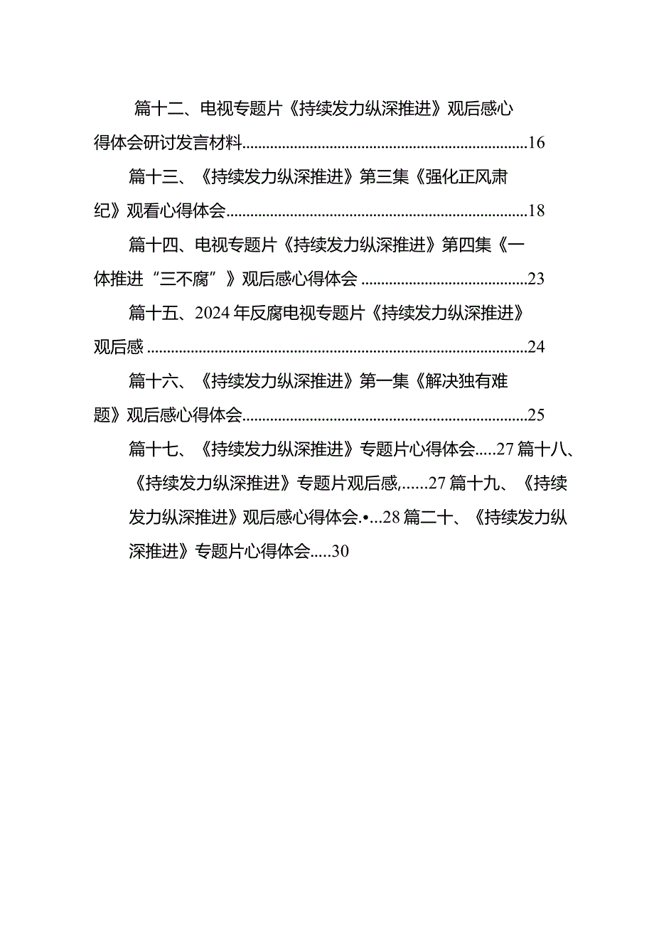 2024年四集电视专题片《持续发力纵深推进》观后感发言材料最新版20篇合辑(1).docx_第2页