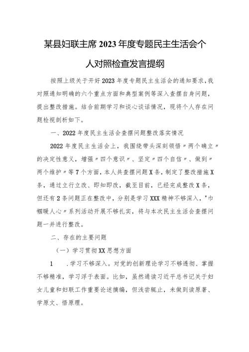 某县妇联主席2023专题民主生活会个人对照检查发言提纲.docx