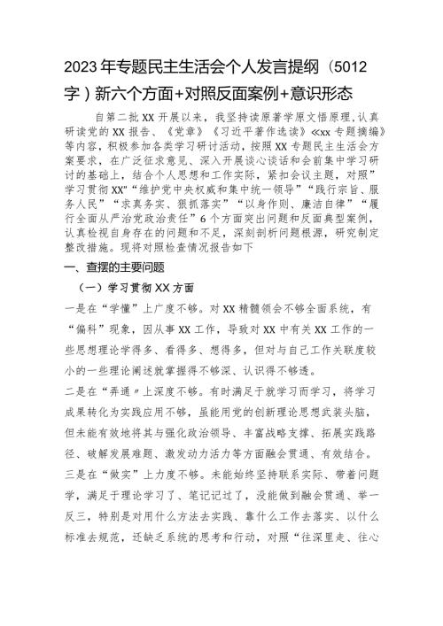 2023年专题民主生活会个人发言提纲（践行宗旨等6个方面+典型案例+意识形态）.docx