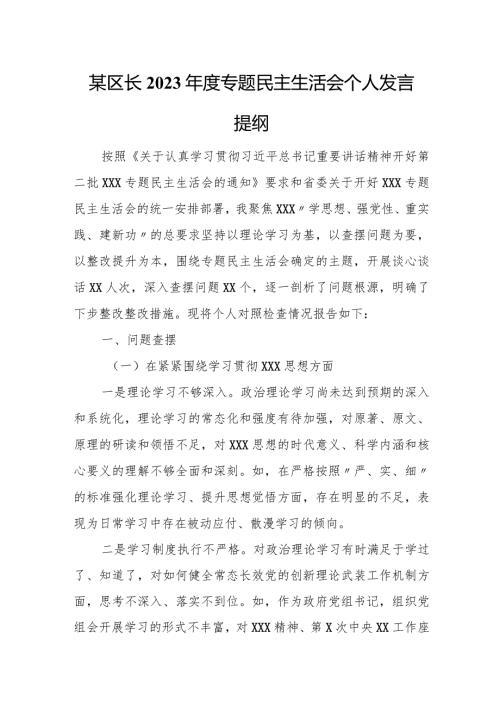某区长2023专题民主生活会个人发言提纲.docx