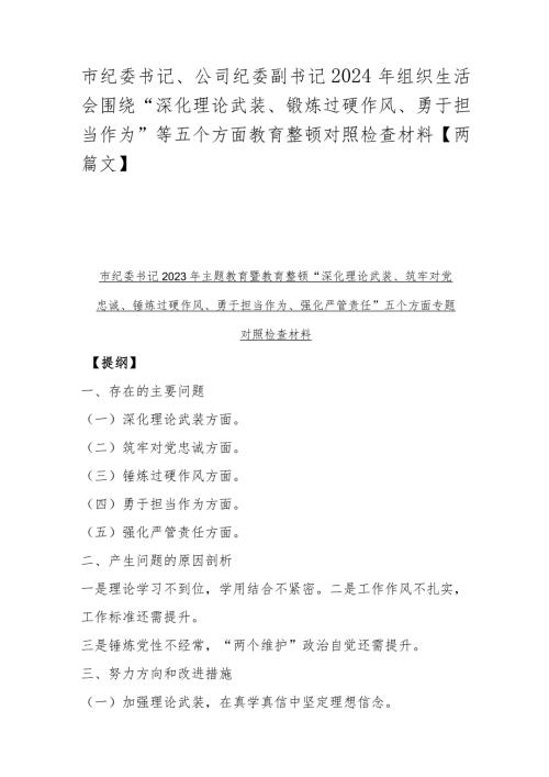 市纪委书记、公司纪委副书记2024年组织生活会围绕“深化理论武装、锻炼过硬作风、勇于担当作为”等五个方面教育整顿对照检查材料【两篇文】.docx