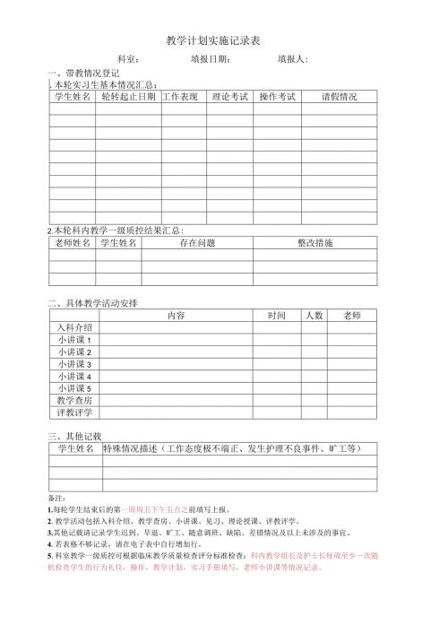 医院教学计划实施记录表电子版（新模板）.docx