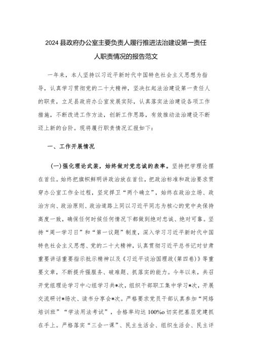 2024县政府办公室主要负责人履行推进法治建设第一责任人职责情况的报告范文.docx