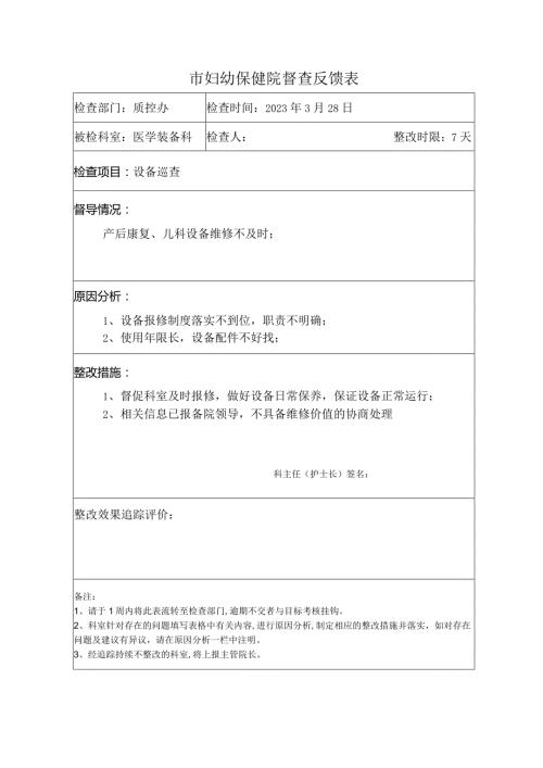 妇幼保健院督查反馈表及案例分析.docx