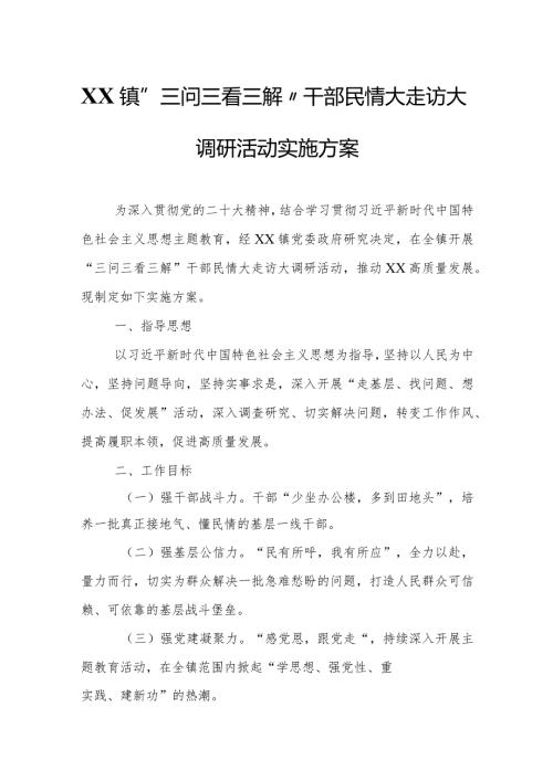 XX镇“三问三看三解”干部民情大走访大调研活动实施方案.docx