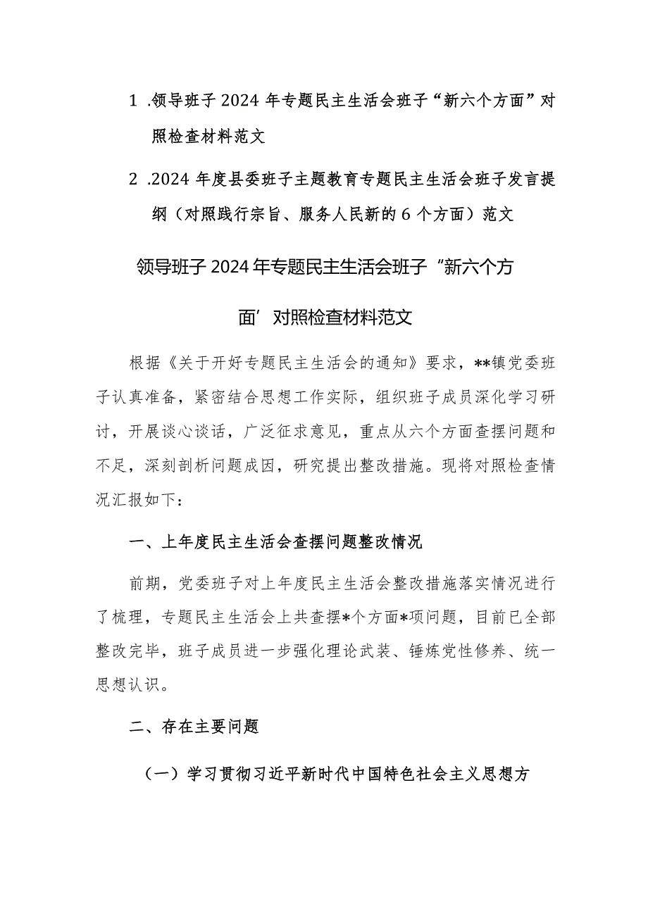 两篇：2024班子主题教育专题民主生活会“新6个方面”对照检查发言提纲（对照践行宗旨、服务人民新的6个方面）范文.docx_第1页
