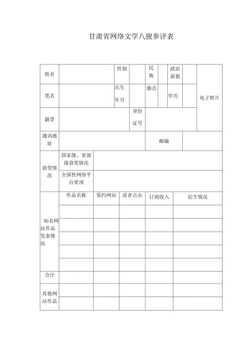 甘肃省网络文学八骏参评表.docx