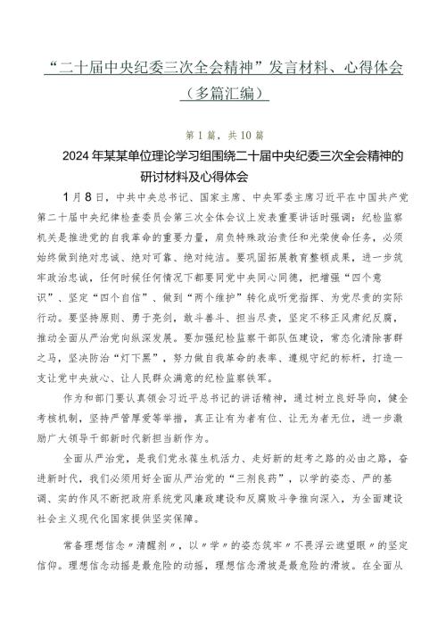 “二十中央纪委三次全会精神”发言材料、心得体会（多篇汇编）.docx