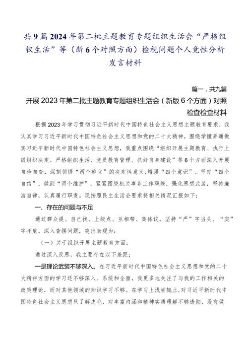 共9篇2024年第二批专题教育专题组织生活会“严格组织生活”等（新6个对照方面）检视问题个人党性分析发言材料.docx