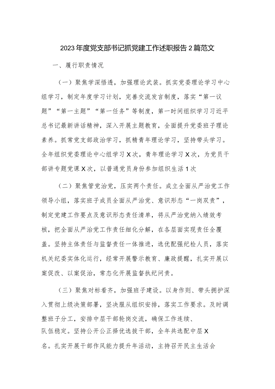 2023党支部书记抓党建工作述职报告2篇范文.docx_第1页