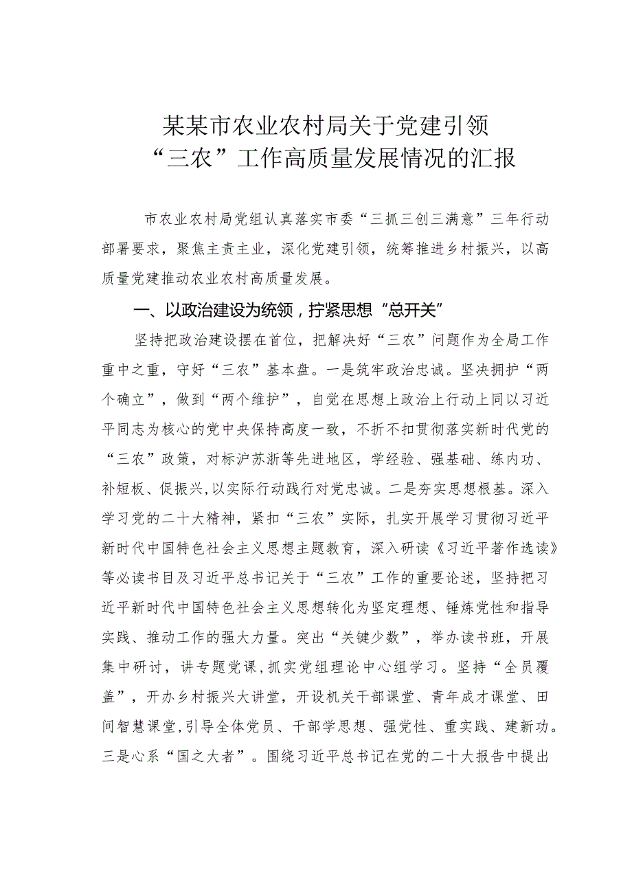 某某市农业农村局关于党建引领“三农”工作高质量发展情况的汇报(1).docx_第1页