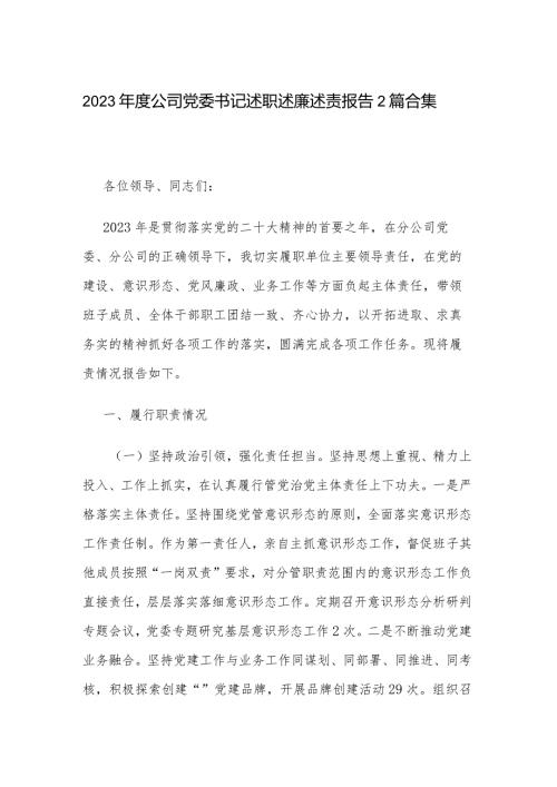 2023公司党委书记述职述廉述责报告2篇合集.docx
