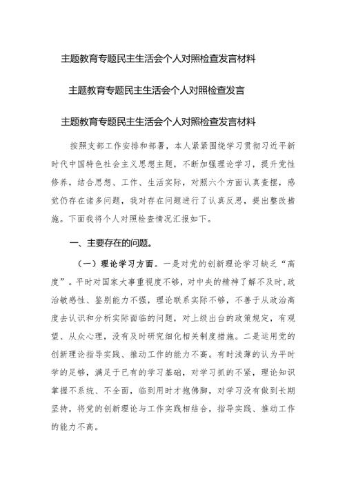 2023年主题教育专题民主生活会个人对照检查发言材料（六个方面）范文2篇.docx