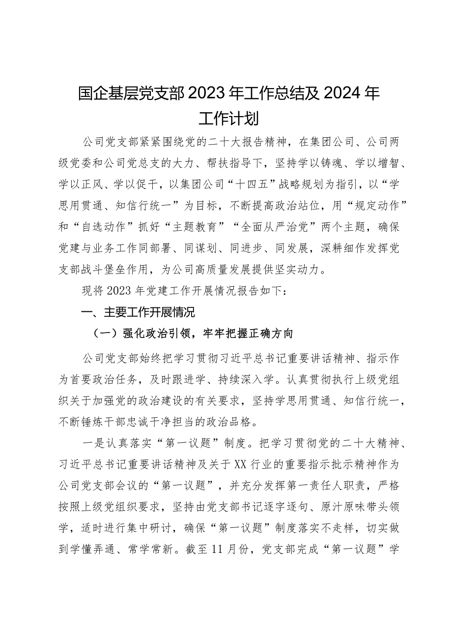 国企基层党支部2023年工作总结及2024年工作计划(2).docx_第1页