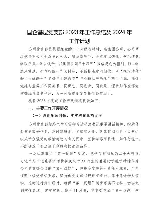 国企基层党支部2023年工作总结及2024年工作计划(2).docx